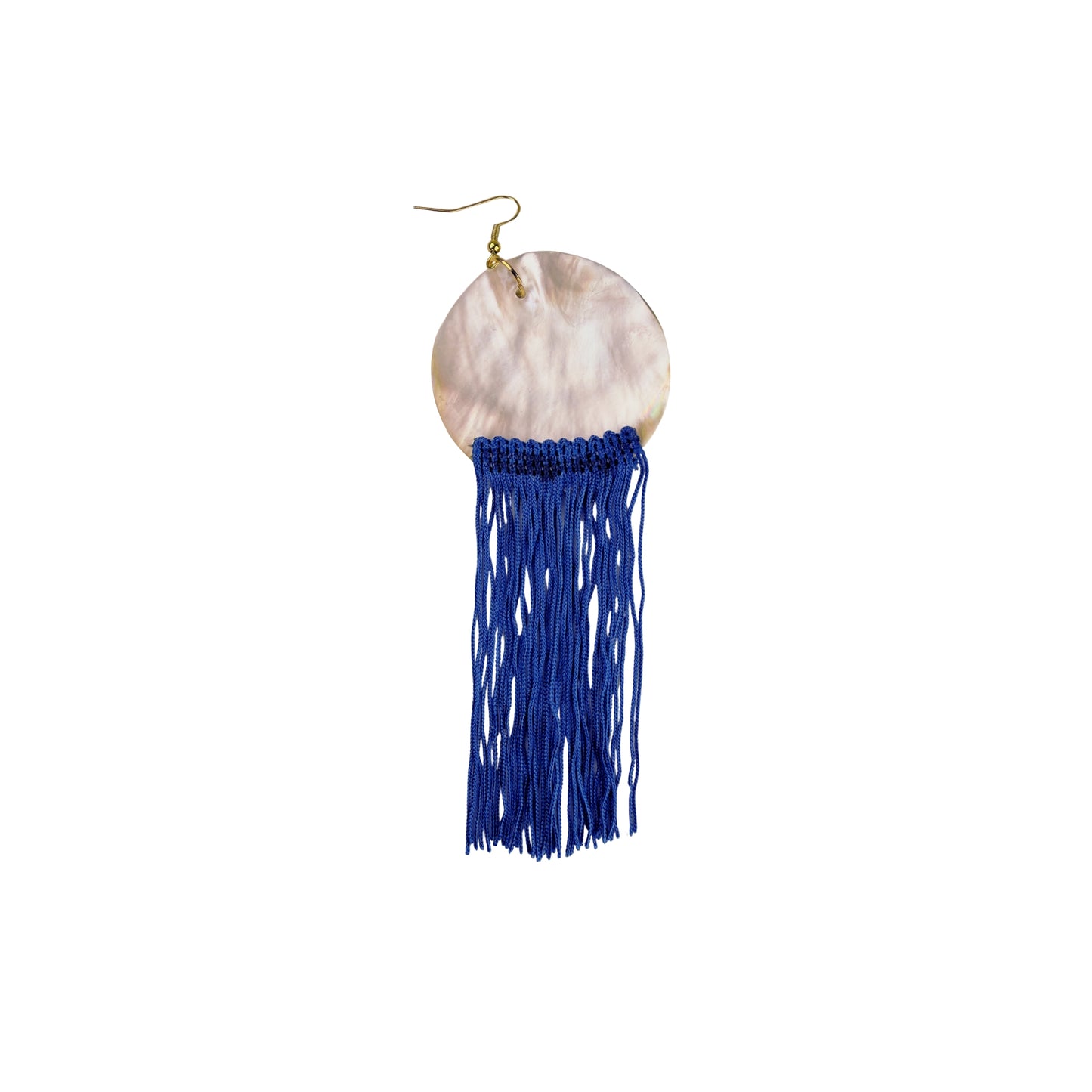 Hand-painted Gemini Mythos statement earrings by Aeterlistá. Large natural mother-of-pearl shell discs featuring symmetrical blue mythological winged figures, finished with long azure blue silk fringe tassels and gold hardware.