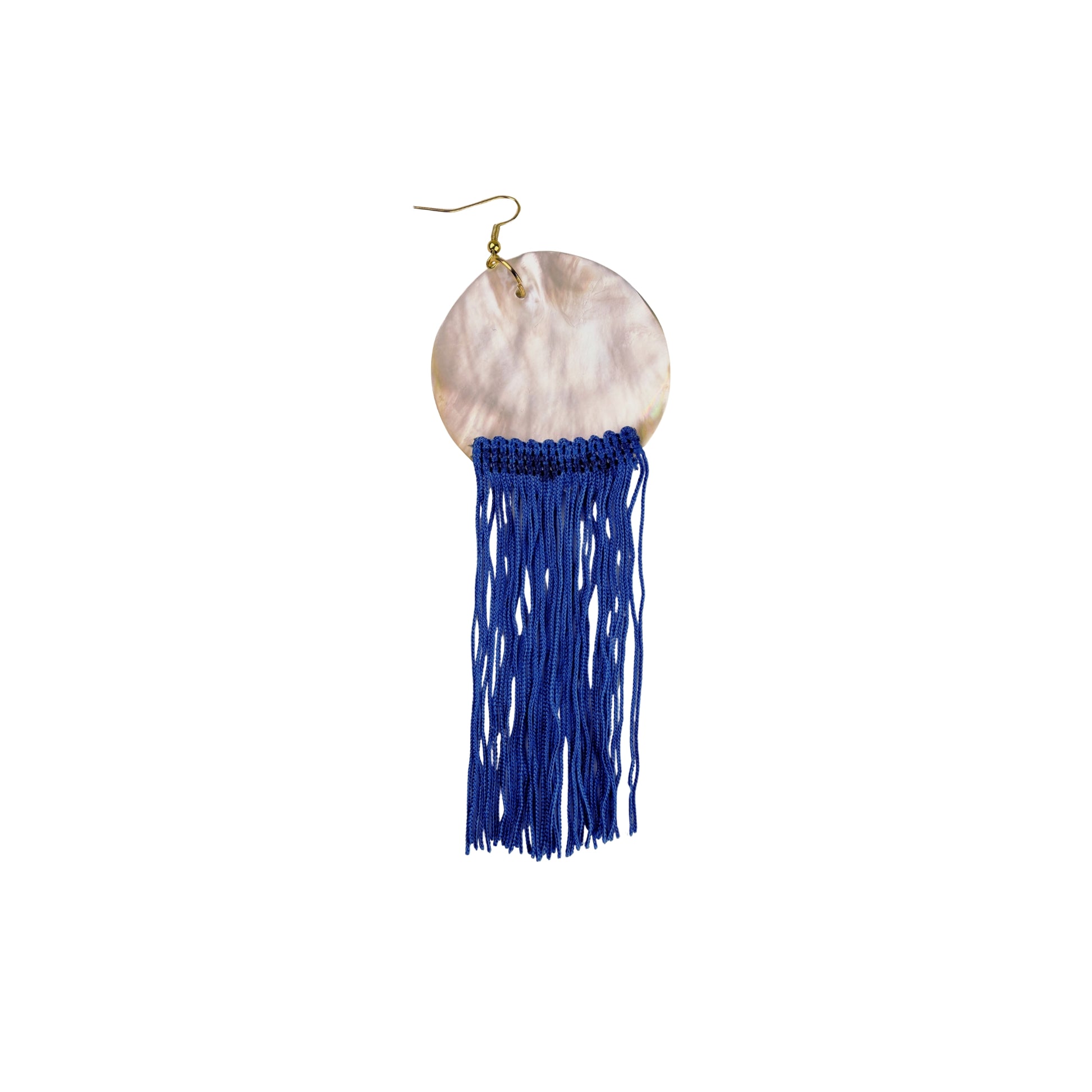 Hand-painted Gemini Mythos statement earrings by Aeterlistá. Large natural mother-of-pearl shell discs featuring symmetrical blue mythological winged figures, finished with long azure blue silk fringe tassels and gold hardware.
